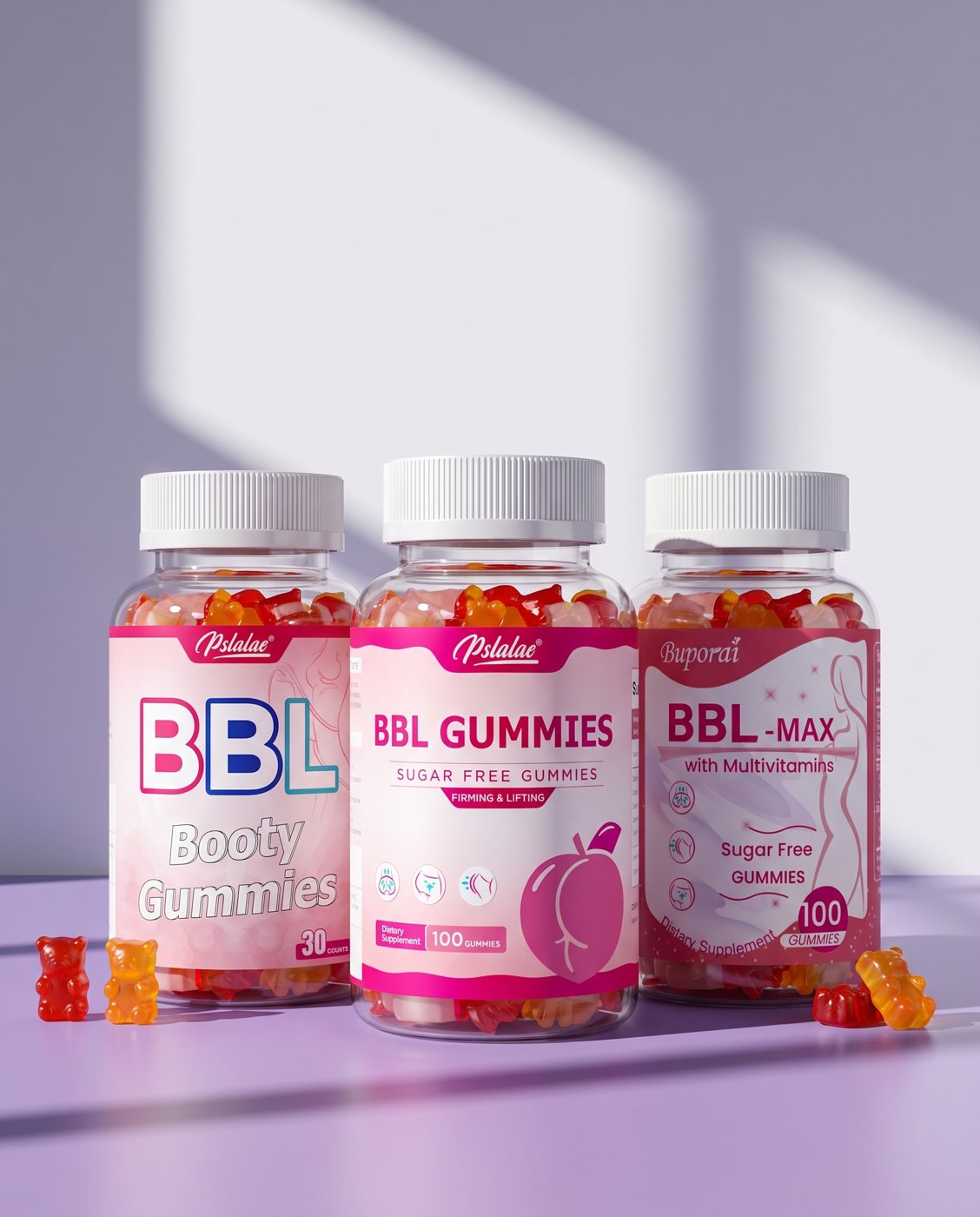 BBL Booty, Sugar-Free and BBL-MAX gummies together