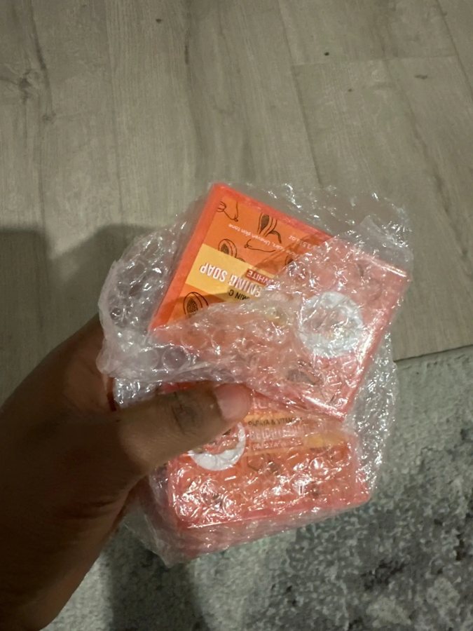 A buyer's photo of the papaya soap as it arrived
